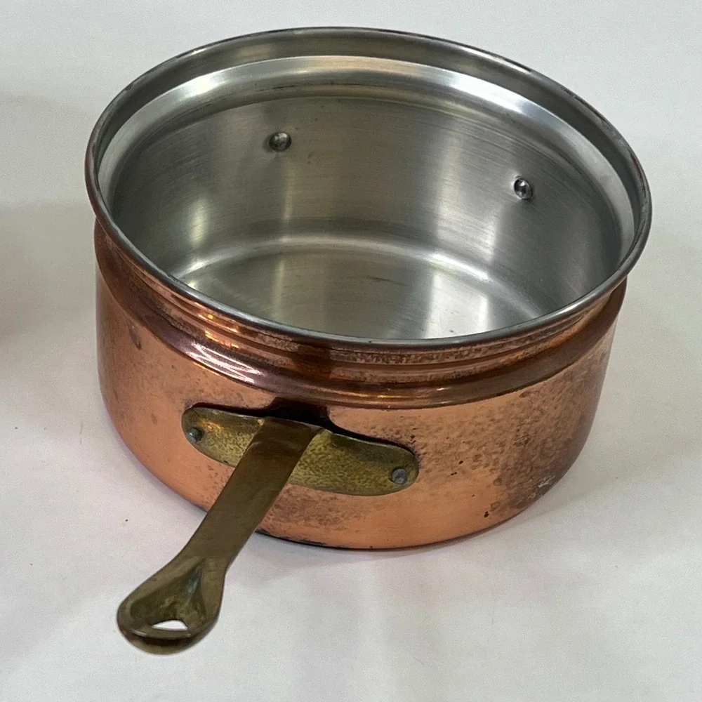 Vintage Copper Clad Double Boiler Porcelain Insert Brass Handles Outeiro 889